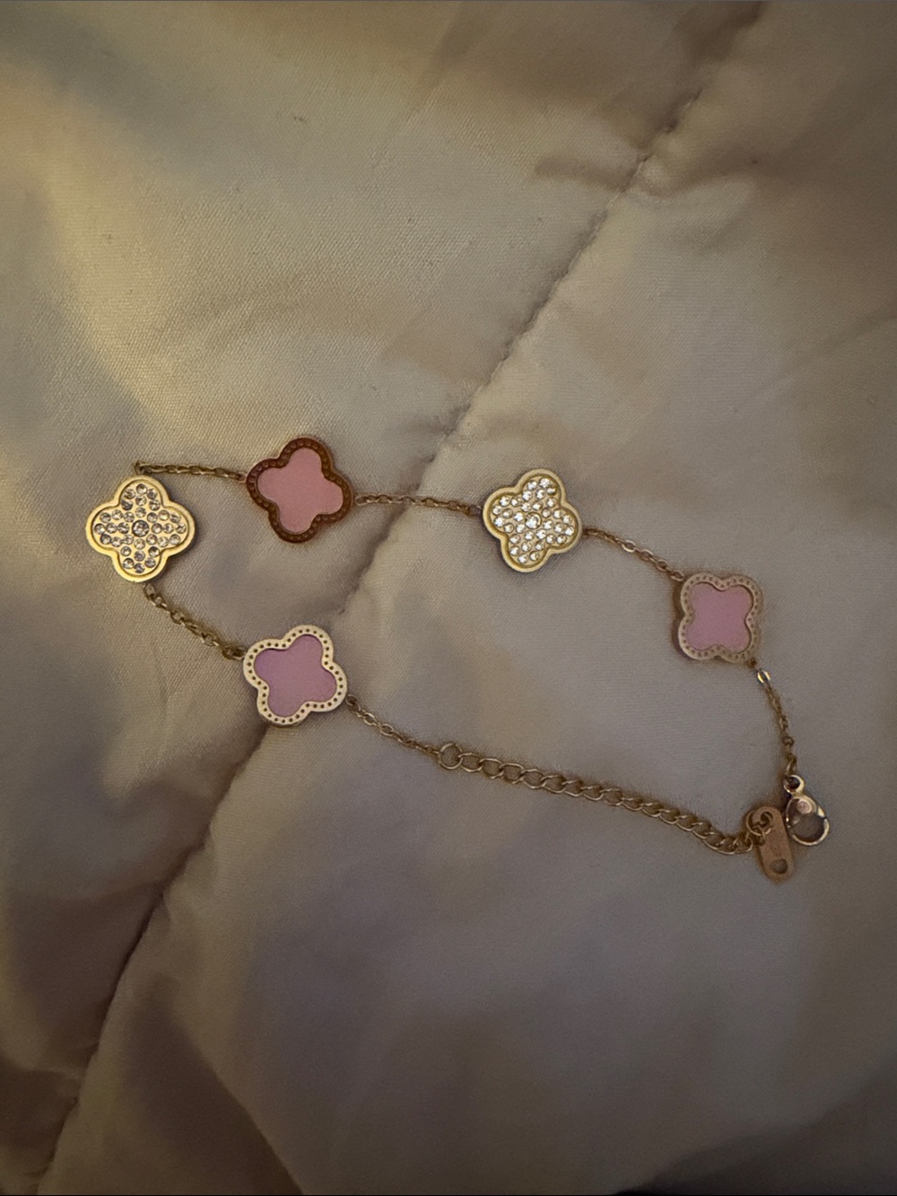Gold Clover-Link Bracelet with Pink and Crystal Accents